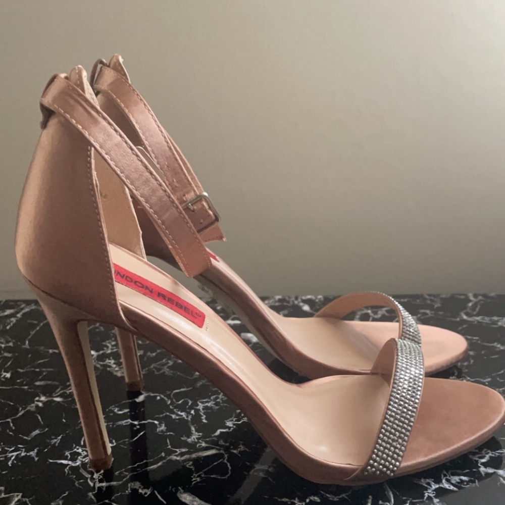 London Rebel Jewel Trim Satin Barely There Heel Sandal - Nude/heatset stones